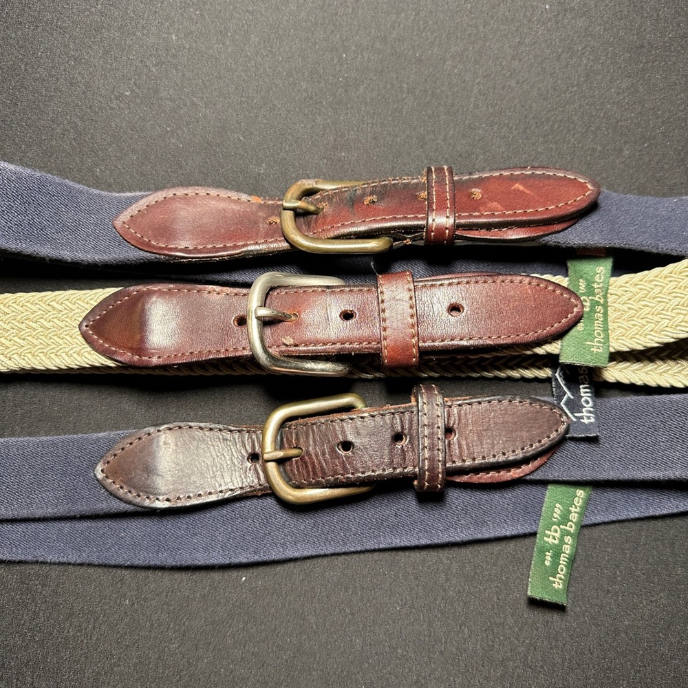 3 Thomas Bates Belt Mens 40 36 Blue Tan Leather Buckle Woven Elastic Fabric USA‎
